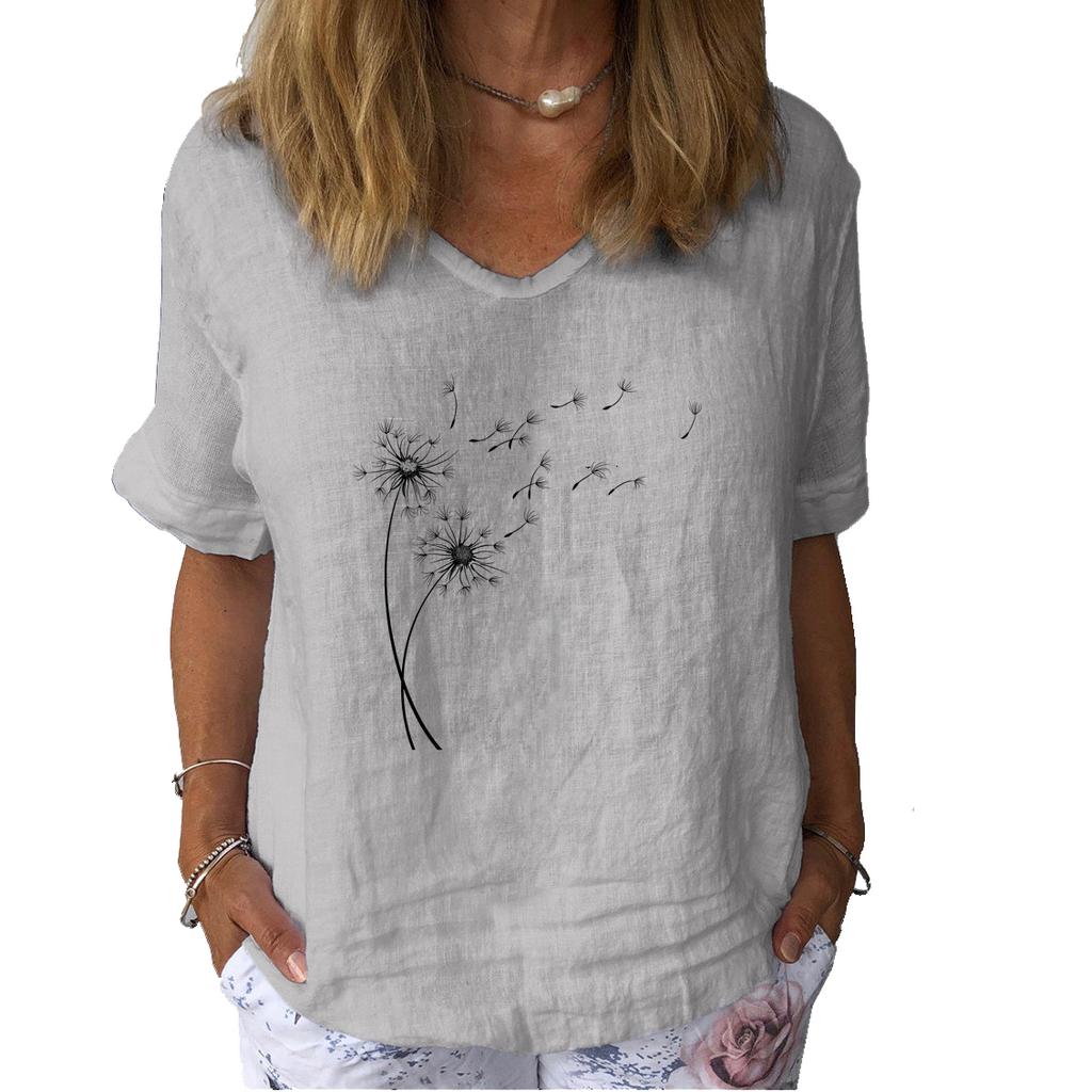 Women Fashion Linen Blouse Summer Casual Short Sleeved T-shirt Ladies Floral Print Pullover Loose Top