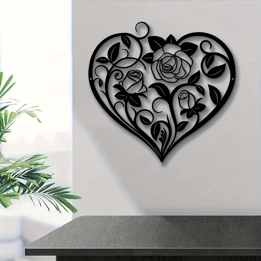 Iron Heart Wall Art, Black Metal Floral Design for Garden Balcony, Romantic Farmhouse Hanging Decor, Durable 2D Indoor Outdoor Ornament