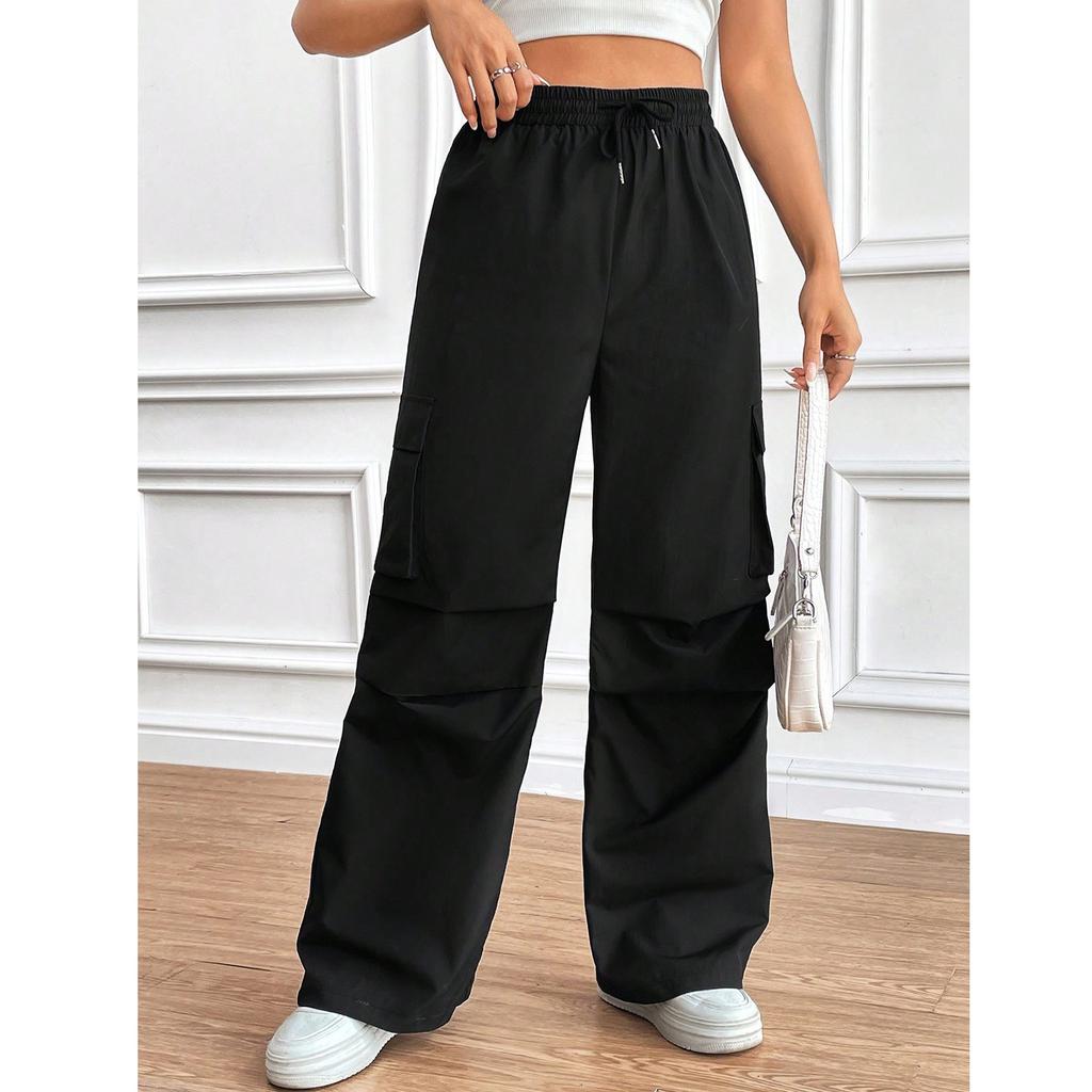 Pantalon taille haute élastique pour femme, pantalon décontracté, coupe active, jambe large, pantalon long avec poches
