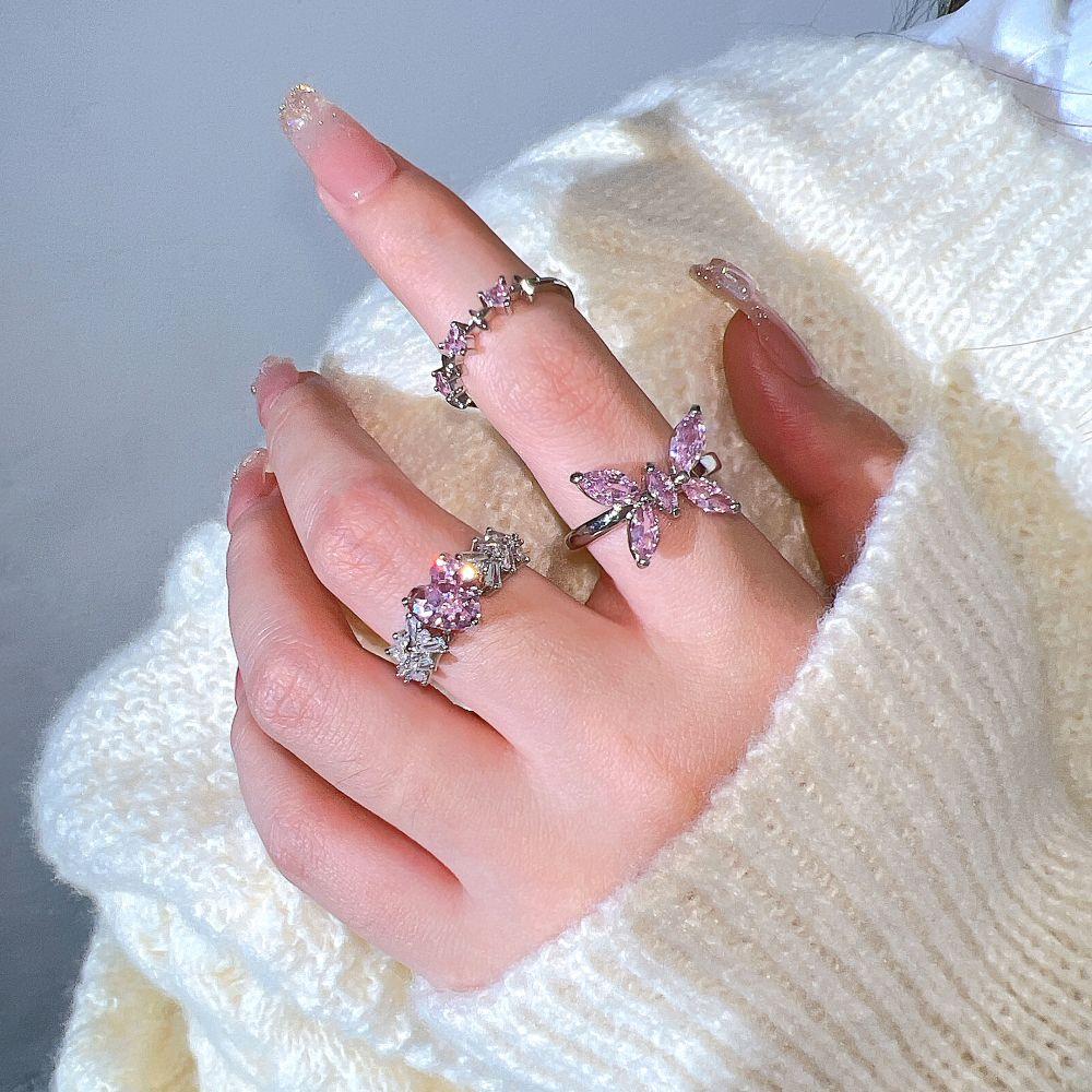 Y2K Pink Crystal Irregular Heart Ring Vintage Shiny Zircon Opal Love Open Ring for Women Kpop Punk Girl Party Jewelry Gifts 2023