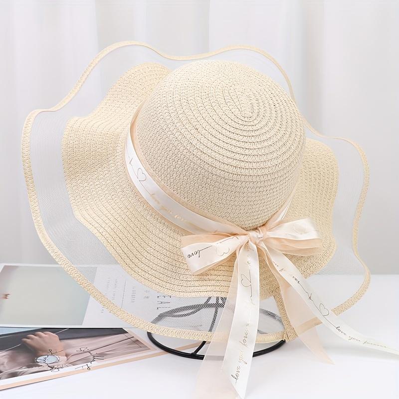 high quality1pc outdoor beach hat, large eaves bow ribbon beach hat for ladies, round-topped straw hat, bow sun hat