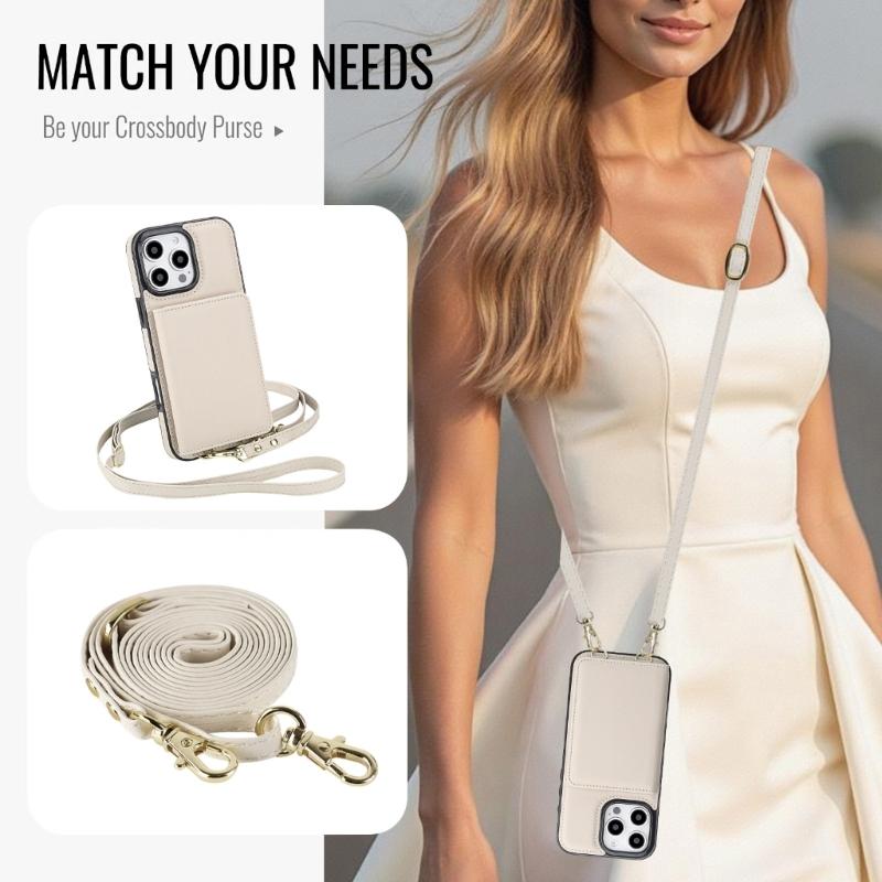 Magnetic Closure Cover for Phone 16 Series Kickstand Case with Card Holder Lanyard Shoulder Strap