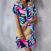 YYFS Women's Fashion Summer Spring Colour Block Print Short Sleeve POLO Neck Loose Waistline Casual Dresses