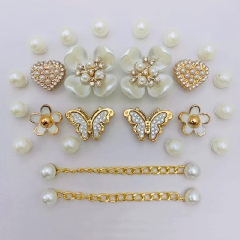 24Pcs Luxury Diamond ButterflyFiveleaf FlowerPearl Chain Shoe CharmsSet SummerDIY Decor Accessories for Clogs Hole Shoes Sandals