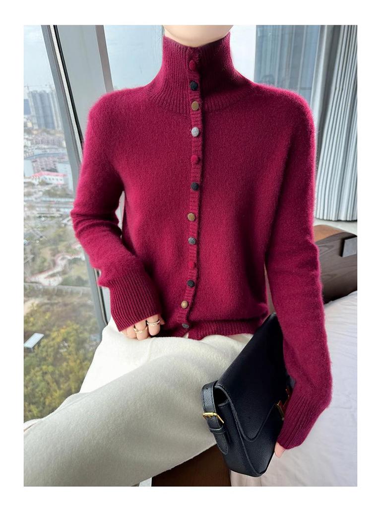 Women's 100% Pure Wool High Neck Sweater, Buttoned Cardigan, Loose Fit, Autumn/Winter Fashion.