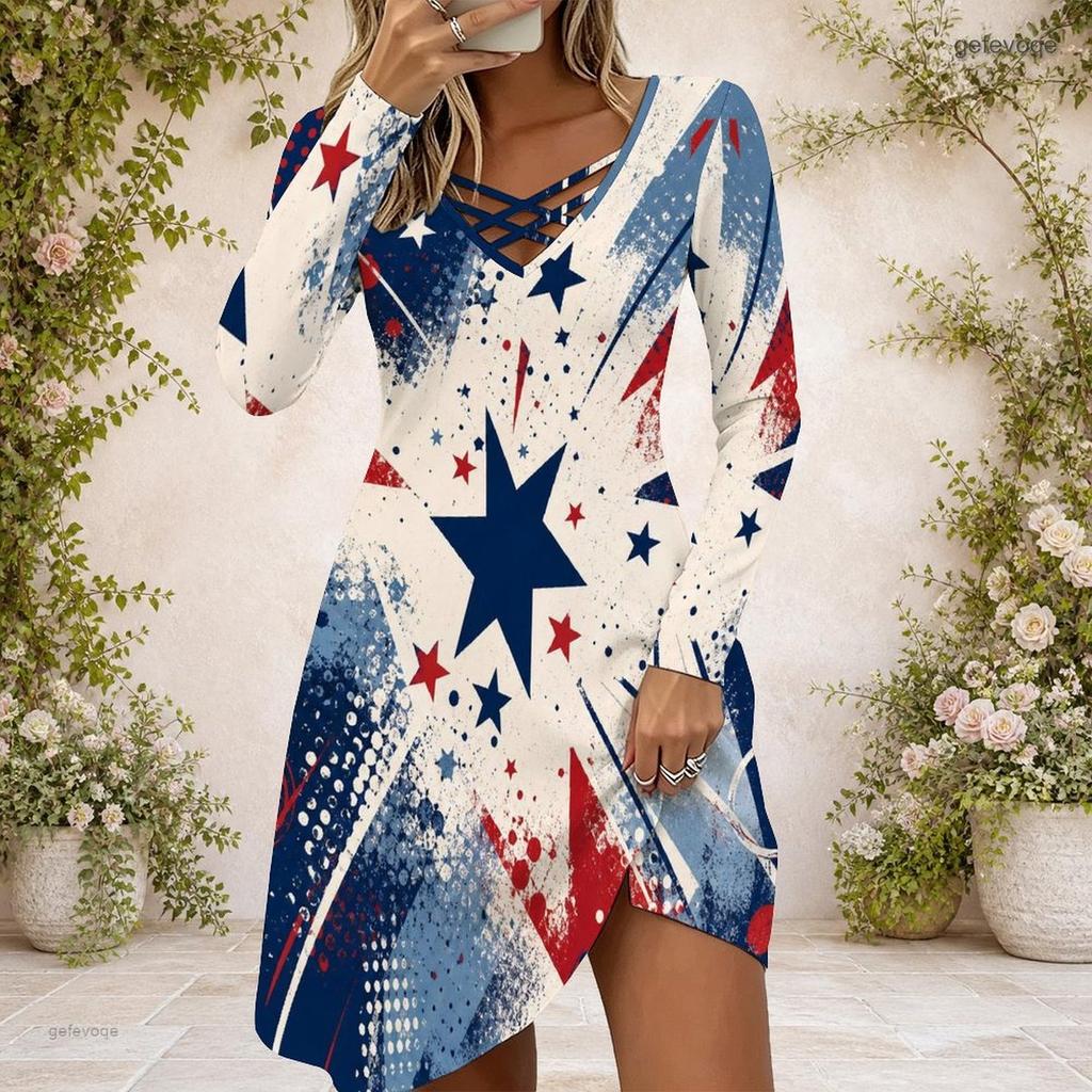 Women Cross V Neck Long Sleeve Dress Purple Pink Galaxy Swirl Print Irregular Hem Dress