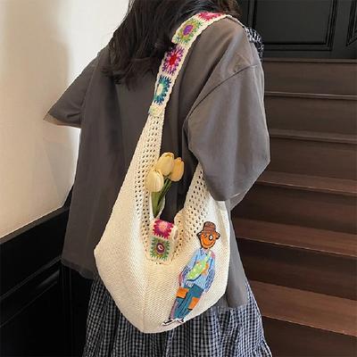 Carto Figure Hollow Mesh Knit Shoulder Bag,Beach Vacati Slouchy Chic Tote Bag,Lightweight Laid-Back Casual Women Handbag