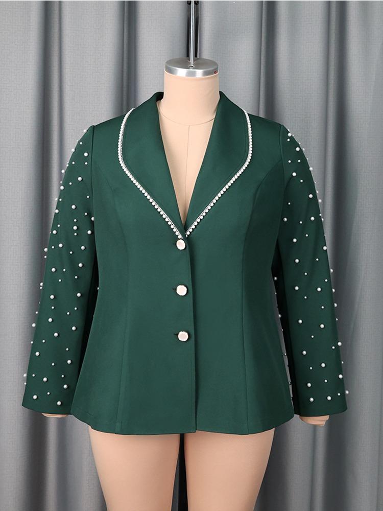 Elegant DarkGreen Turn Down Collar Long Sleeve Blazer Beaded Office Ladies Work Church Evening Party Blazer