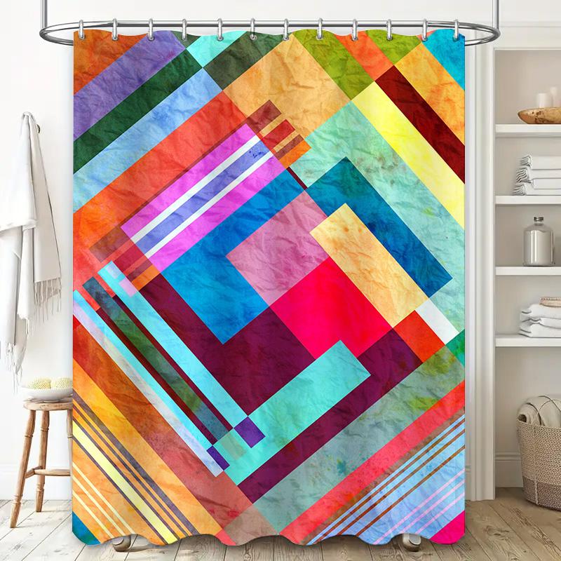 Modern Bold Bathroom Decor: Colorful Geometric Shower Curtain For Bathtub Area Easy Install, Water-Resistant Fabric