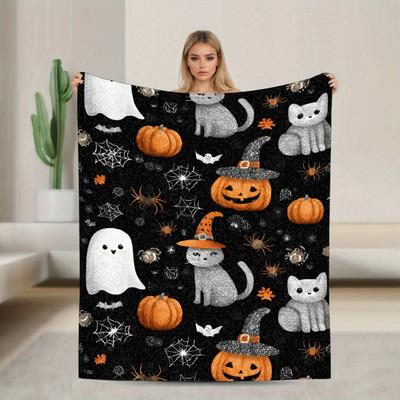 1pc Black Orenge Halloween Blanket Cat Bat Pumpkin Ghost Print Skin-Friendly Soft Blanket 2025 New for Home Sofa Halloween Decor
