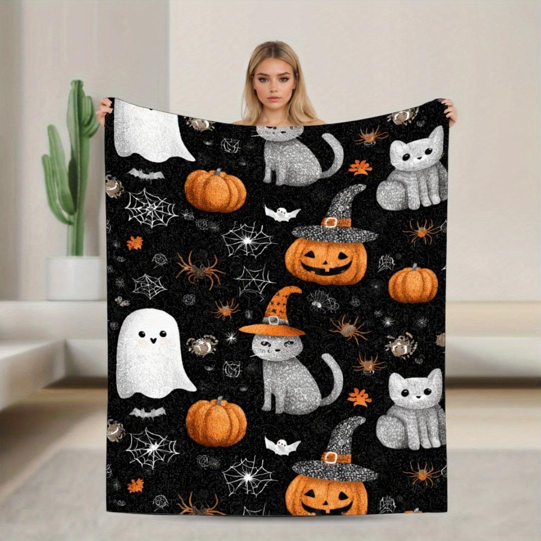 

1pc Black Orenge Halloween Blanket Cat Bat Pumpkin Ghost Print Skin-Friendly Soft Blanket 2025 New for Home Sofa Halloween Decor Flannel 75 x 100