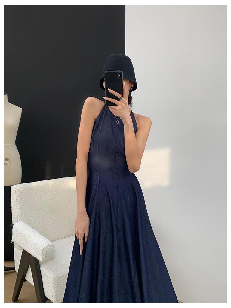 Washed Denim Waist-Defining Big Swing Long Sundress