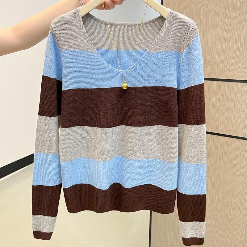 Autumn and winter lazy style thin striped long-sleeved sweater knitted sweater top