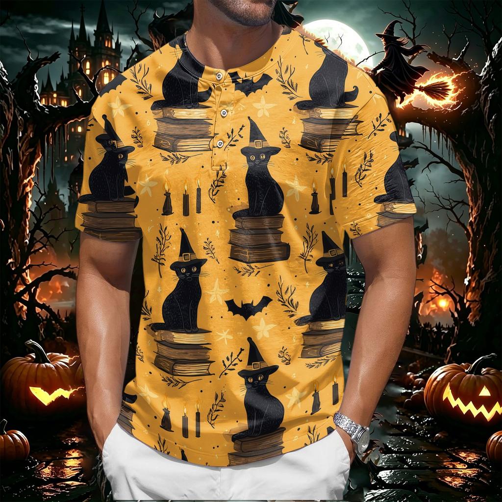 Men's Halloween Print Henley Short Sleeve Shirt Casual Lightweight Breathable Top with Button Front Design for Everyday Wear