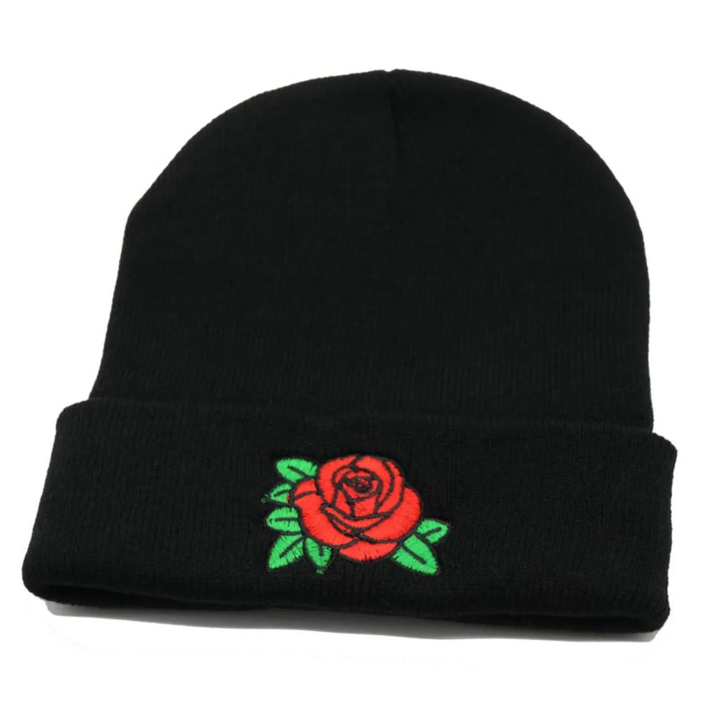 Autumn and Winter Knitted Hat with Rose Blossoms Embroidered Woolen Hat, Warm Hoodie, Cold Hat, No Eaves