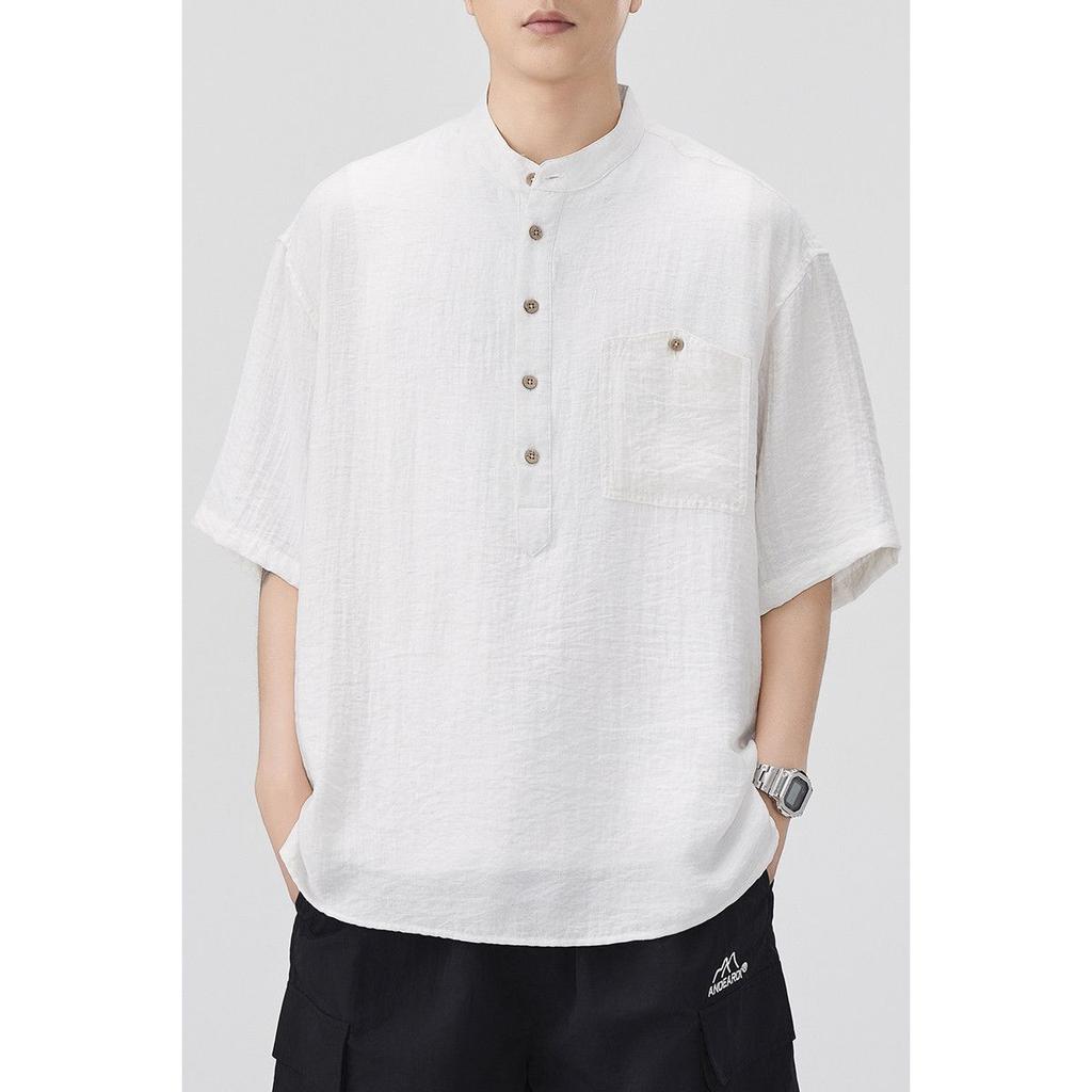 Men's Oversized Linen Blend Shirt Stand Collar Half Placket Short Sleeve Solid Color Casual Breathable Top