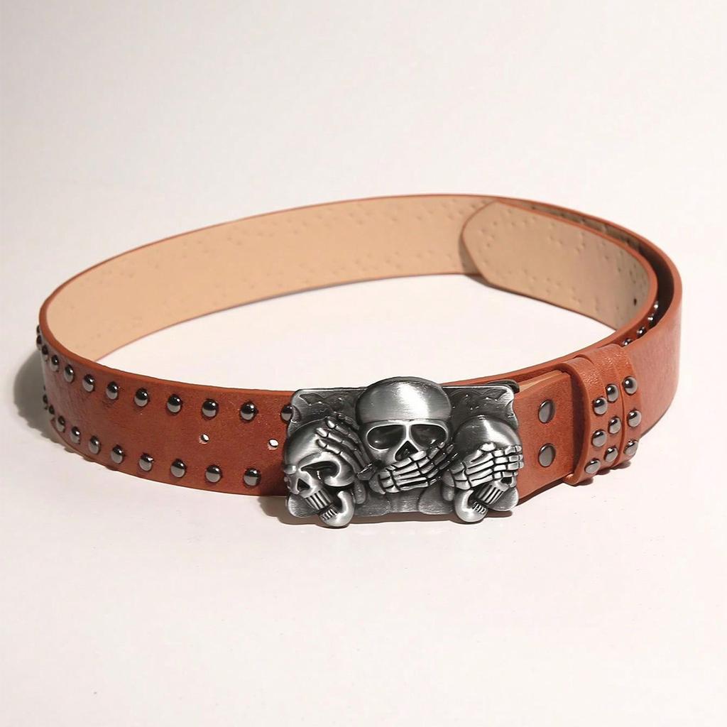 Women Punk Goth Rivet Black Jeans Unisex Men Belt Paw Skull Buckle Waistband