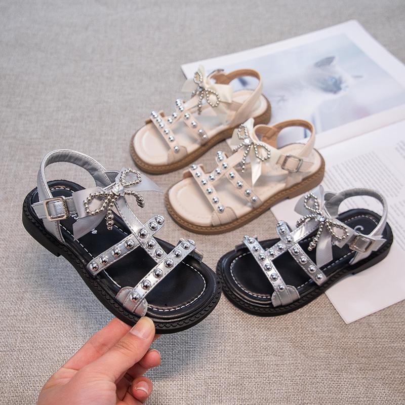 Girls Roman Sandals with Rivet Bow Kids Summer Beach Shoes Soft Sole Children Princess Dress Sandals for Party Wedding