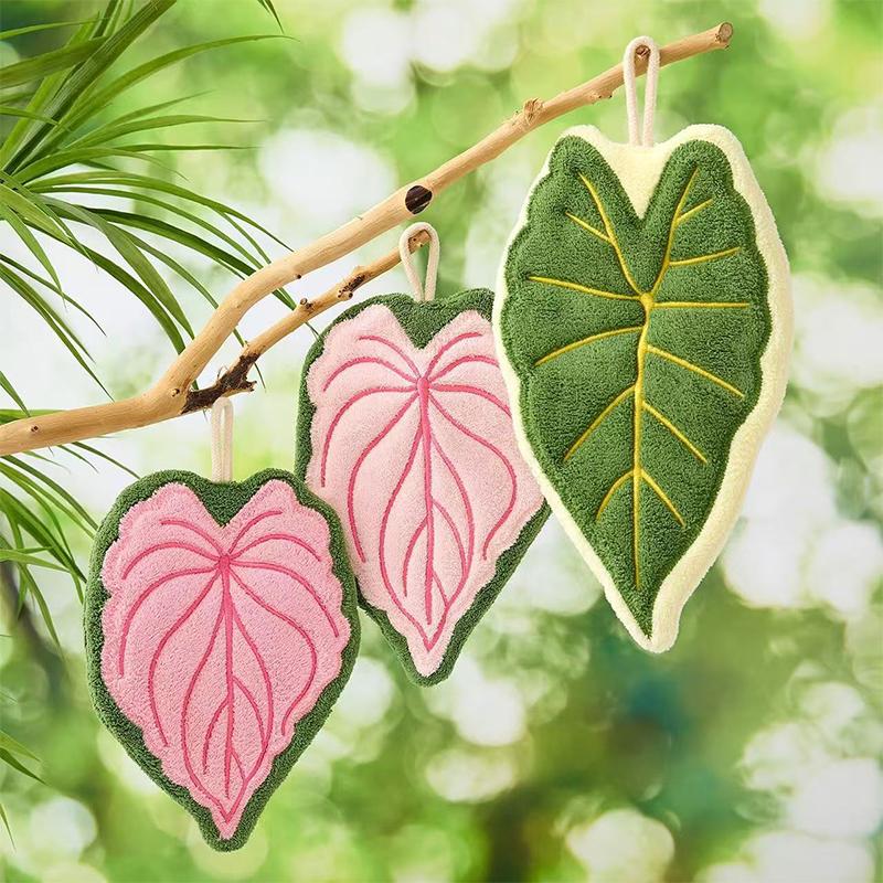 Leaf-Shaped Hanging Hand Towel Soft Coral Fleece Tea Towels Super Absorbent Bath & Kitchen Towel Decorative Towels Home Decor