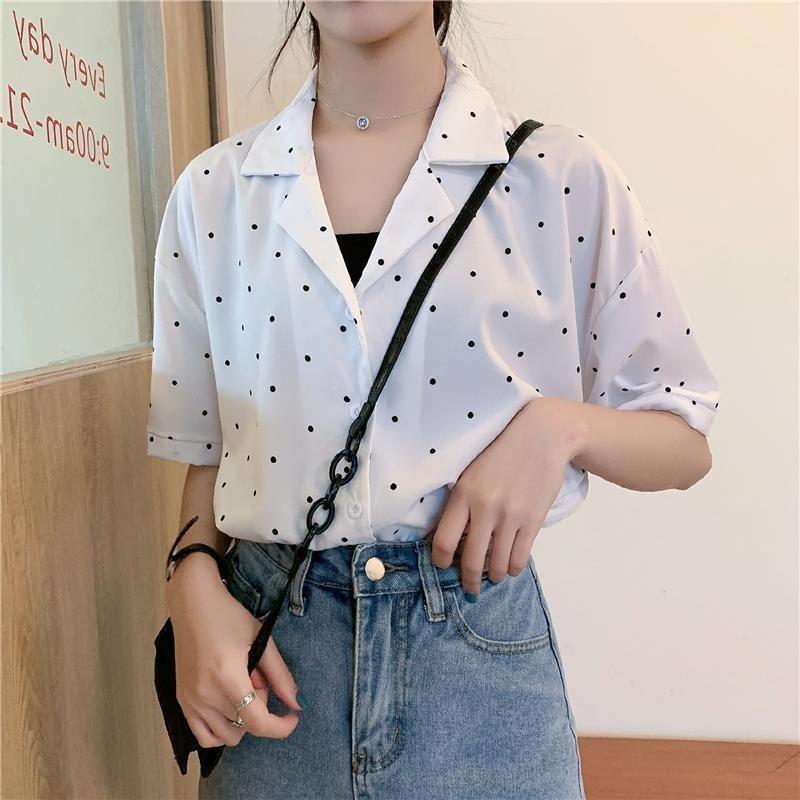 

Solid Color Polka Dot Women s Shirt Summer Single Breasted Lady Short Sleeve Tops Korean Style Suit Collar Commuting Top S білий