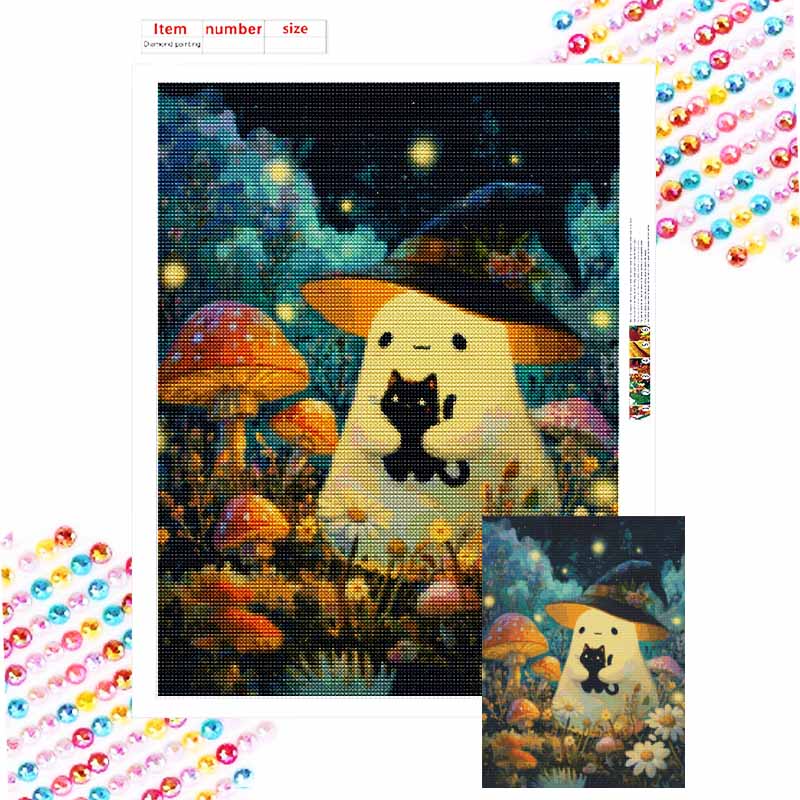 Halloween 5D DIY Diamond Art Painting Kit Ghost Cat Mushroom Home Wall Decor Handmade Gift Craft Kits for Adults Living Room Decor Round 20x30cm