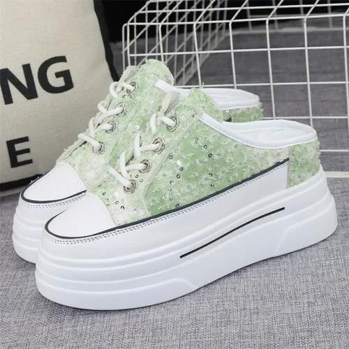 Mote Canvas Baotou Halvtøfler Dame Nye Sommer Yttertøy Alt-match Tykk Såle Innvendig Høydeøkning 8cm Uten Hæl Slip-on Sko