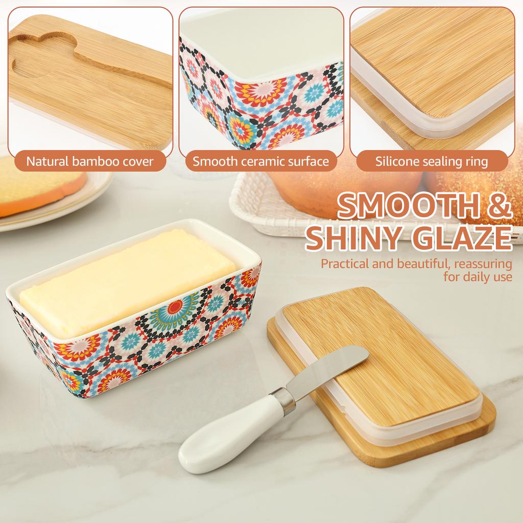5.83" Large Butter Dish Vintage Ceramic Butter Box with Bamboo Lid Multi-role Counter Square Food Storage Box Kitchen Supplies