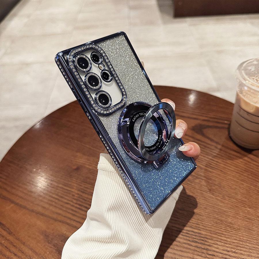 Luksus Glitter Bling Gradient Etuier Stativ Diamant S24Ultra Etui For Samsung Galaxy S25 S24 S23 S22 Ultra Plus A05S A15 A24 A25 A35 A55 Deksel