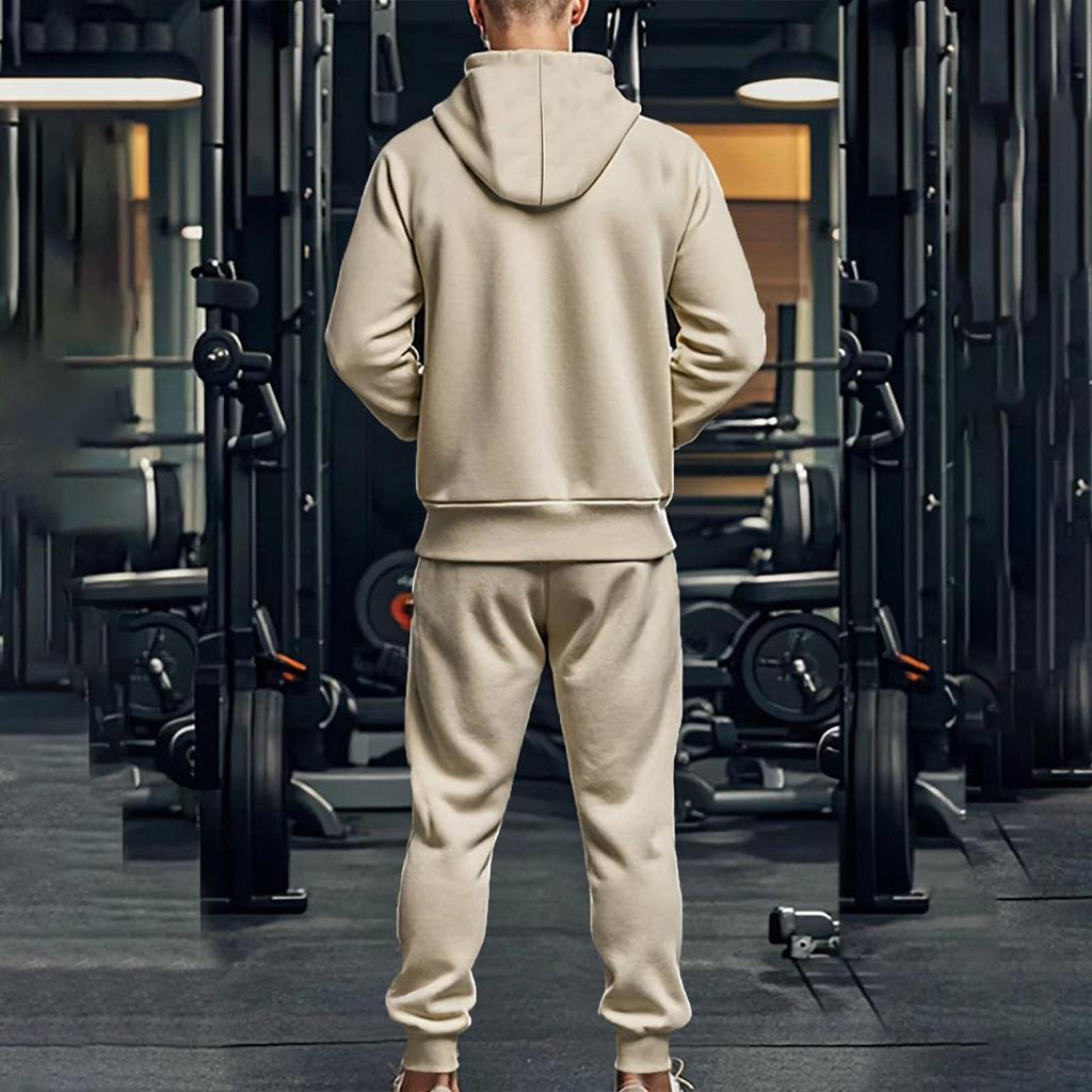 Pánská jednobarevná sportovně ležérní souprava s kapucí a dlouhým rukávem, fleecová teplá dvoudílná souprava