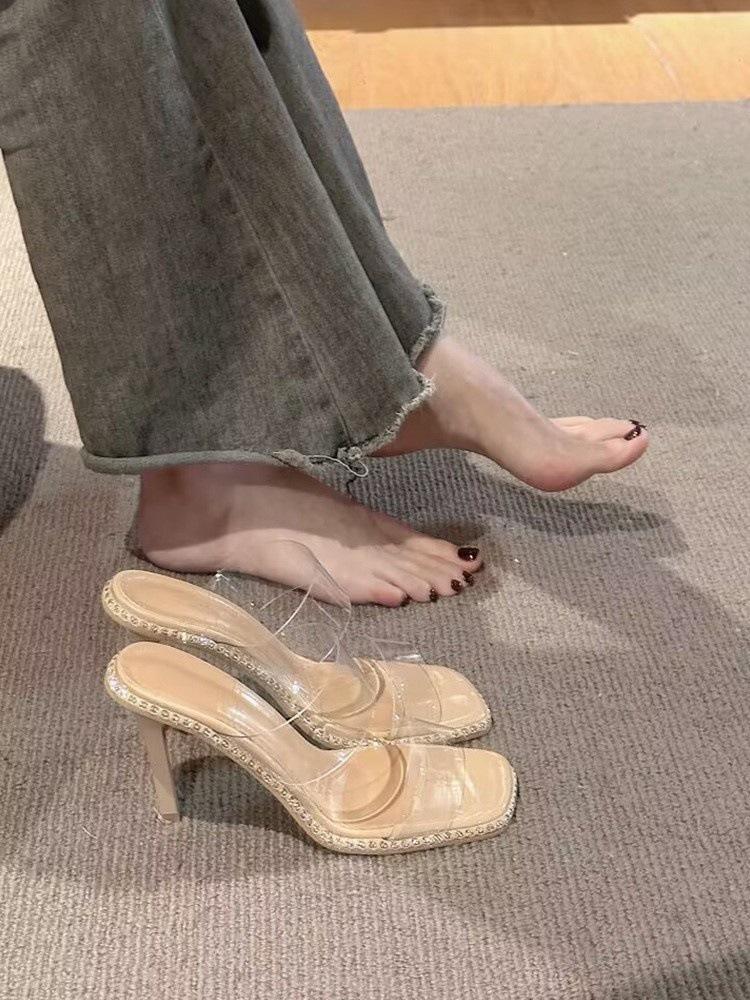 

Нишевые шлепанцы с открытым носком и квадратным носком для женщин, носящих прозрачный стеклянный клей, сексуальные и красивые туфли на высоком каблуке для женщин, толстый каблук. 39