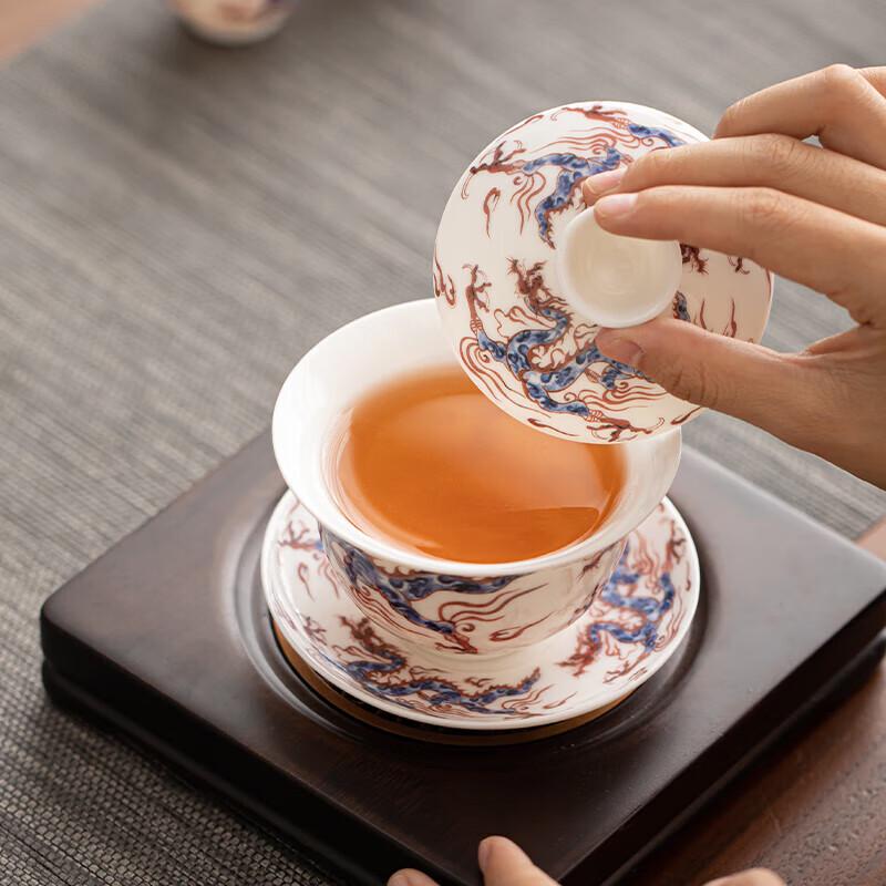 Auspicious Dragon Mutton Fat Jade Ceramic Sancai Gaiwan Kung Fu Tea Set