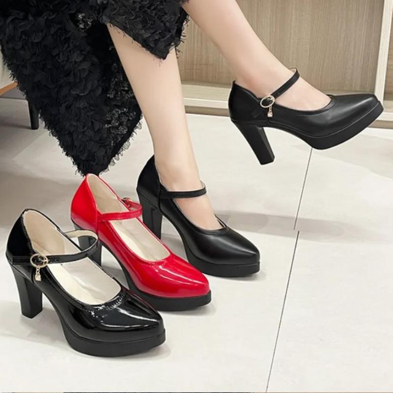 Fashion Ankle Strap Thick Heels Pumps for Women 2024 Pu Leather Office High Heeled Shoes Woman's Elegant Platform Mary Jane Shoes Casual