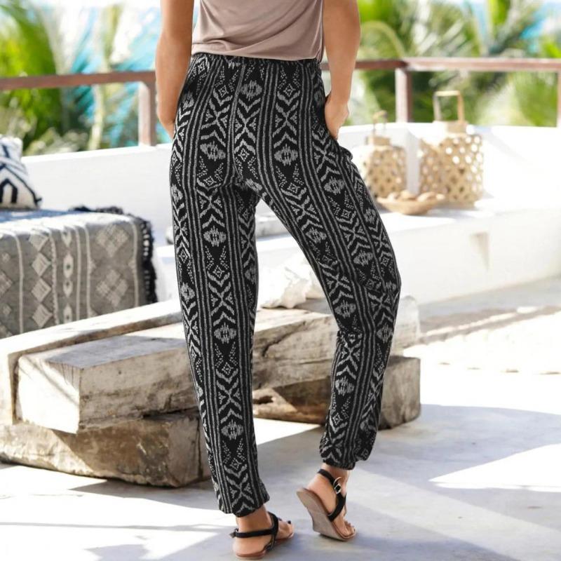 Summer Women's Elastic Waist Beach Vintage Printed Pocket Lace Up Trousers