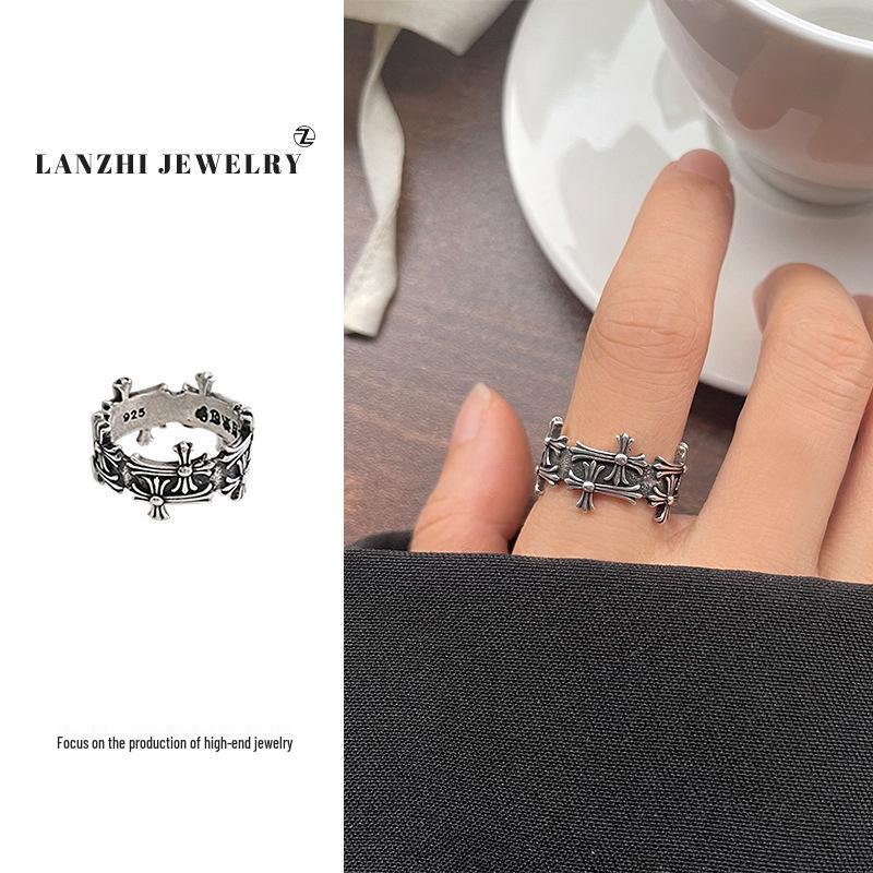 

Lan Zhi 925 Sterling Silver Retro Cross Ring for Women - Non-fading, Hip Hop Open Index Finger Jewelry Adjustable Open