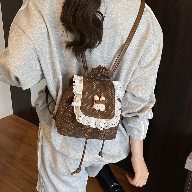 Pu Dot Pattern Mini Backpack For Women With Lace Detail For Daily Use