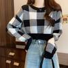 Navava Women Lovely Check Contrast Round Neck Long Sleeve Crop Knit Tee Nk3347