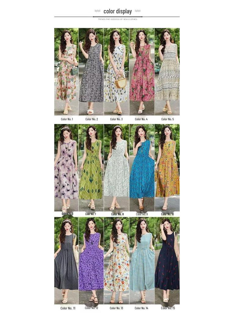 New Summer Floral Cotton-Silk Sleeveless Dress - Plus Size, Loose Fit, Slimming, Vacation Style Mom’s Long Dress