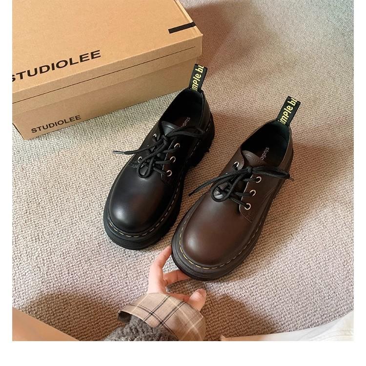 New Cowhide Grape Mother British Style Lace-up Heightened Thick Heel Thick Sole Derby Single Shoes Round Head Versatile Small Leather Shoes Women