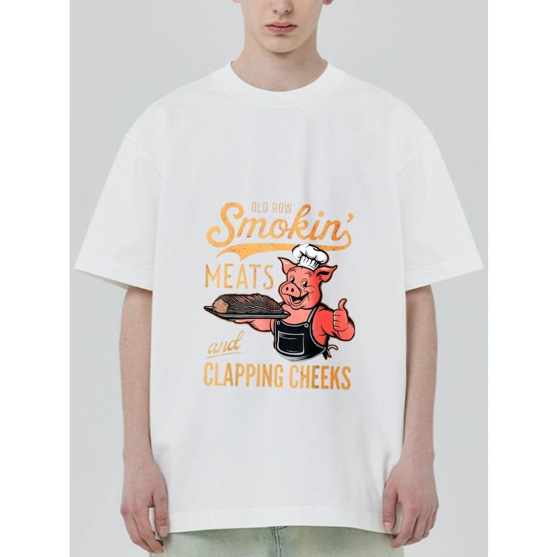 

Футболка с круглым вырезом Черная Smokin Meats and Clapping Cheeks Графический принт Повар-свинья Повседневная одежда для мужчин и женщин XXXXL белый