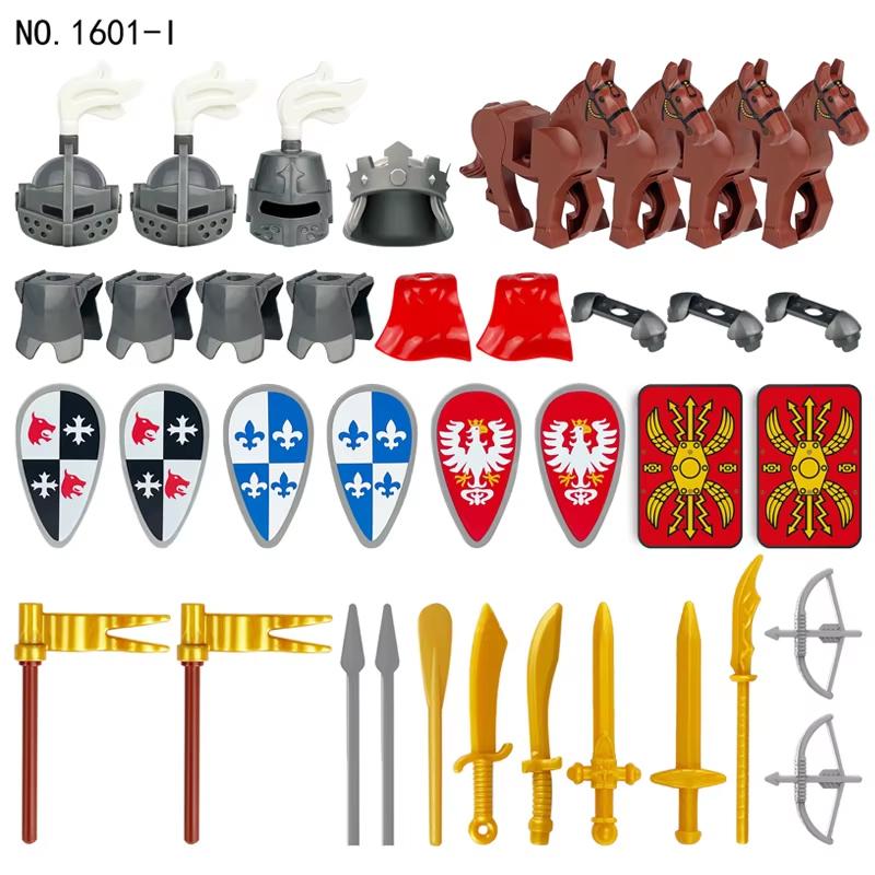 Medieval Military Solider Figure Weapon Accessory Sets Building Blocks Crusader Knight Armor Warrior Shield Sword Flag Brick Toy
