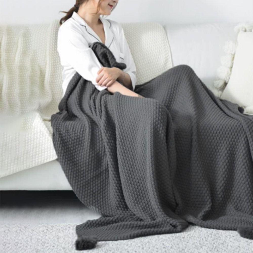 Waffle Pattern Nordic Knitted Blanket with Tassel Sofa Blanket Simple Nap Blanket  Bed