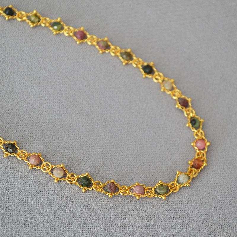 French Retro Colorful Tourmaline Beaded Gold-Plated Necklace