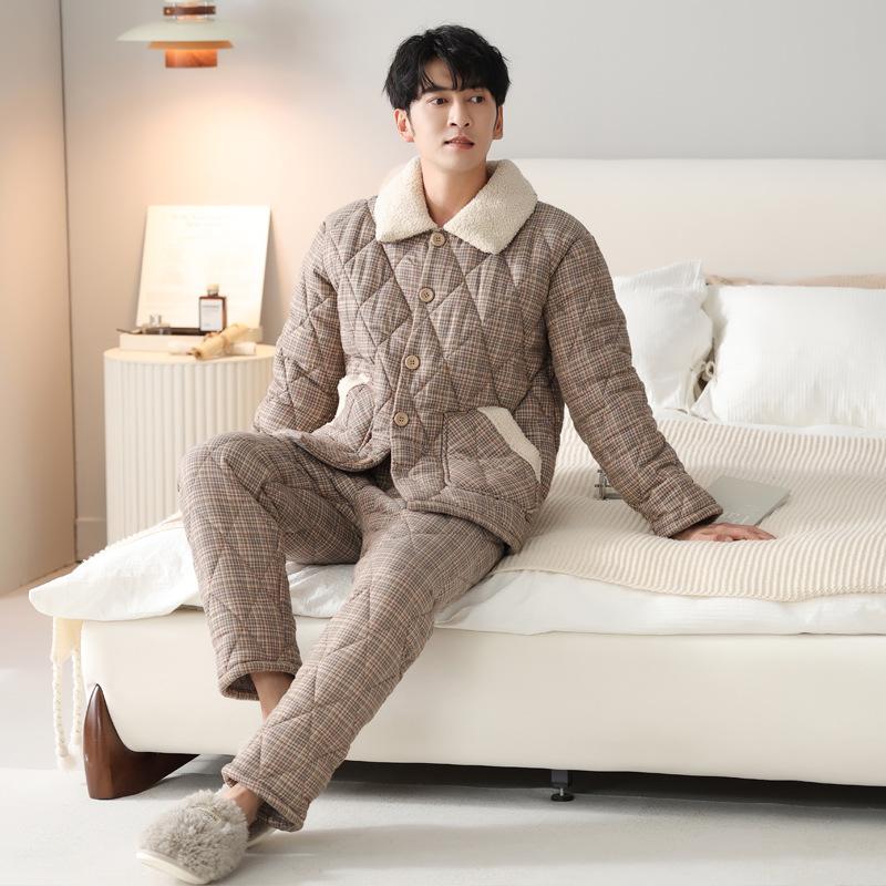 Pajamas Men'S Winter Three-Layer Thickened Fleece Woven Cotton-Padded Jacket Men'S Autumn And Winter Coral Fleece Loungewear