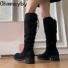 Winter Platform Height Increase Woman Western High Boots Fashion Thick Heel Shoes Female Punk Vintage Slip On Long Booties
