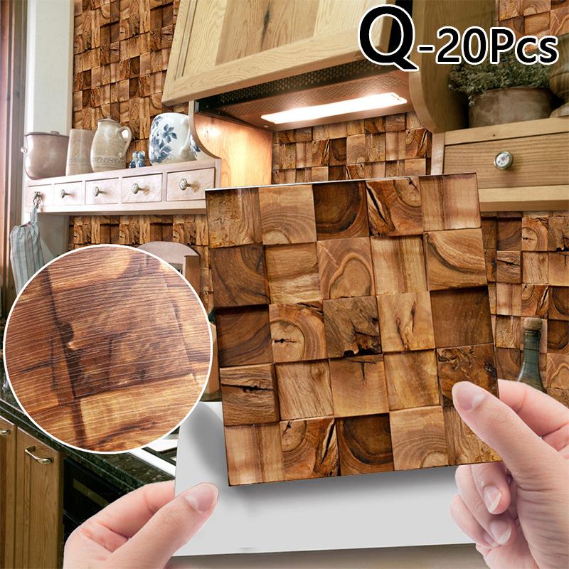 20pcs 10*10cm Wallpaper Wood Grain PVC Self-Adhesive Wall Sticker Waterproof Home Decoration