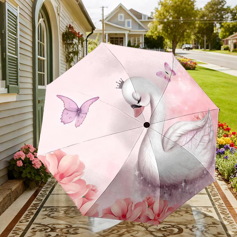 1pc Swan Princess Automatic Folding Umbrella, Heavy Duty 8 Rib Iron Frame,  Suitable for Travel, Daily Use, Birthday, Decor Gift m0104027