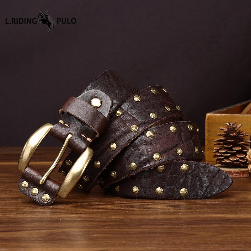 Punk-style Studded Leather Belt for Men Genuine Leather with Pin Buckle Washed, Vintage, Distressed Finish, Pure Cowhide, Unique Casual Denim Belt.