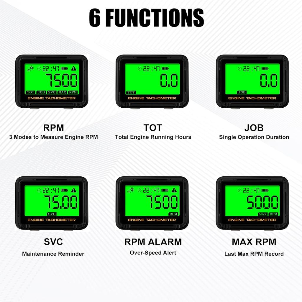 Digital Engine Tachometer & Hour Meter Mini Tach Gauge with Clip & Backlight Display Inductive for Gas Small Engine Lawn Mower RV Chainsaws Outboard