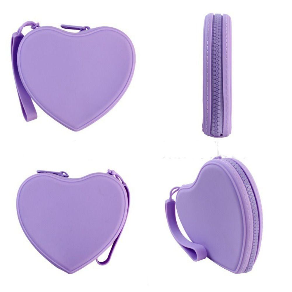 Portable Silicone Coin Purse Heart-shaped Solid Color Small Wrist Wallet Waterproof Zipper Key Lipstick Pouch
