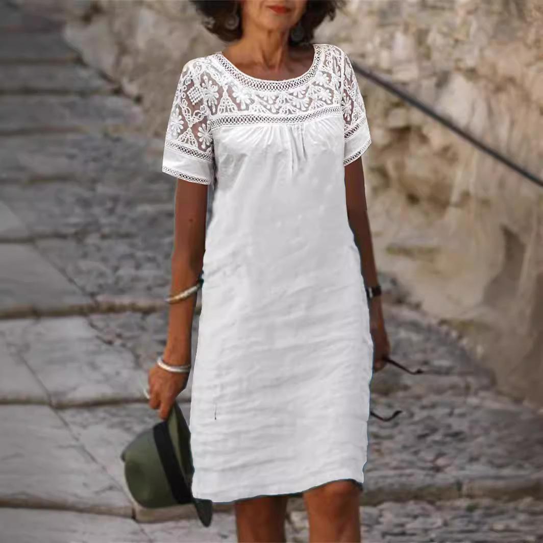 

2025 Новое женское весенне-летнее повседневное платье с кружевной отделкой, круглым вырезом, короткими рукавами, однотонное, из смеси льна S белый